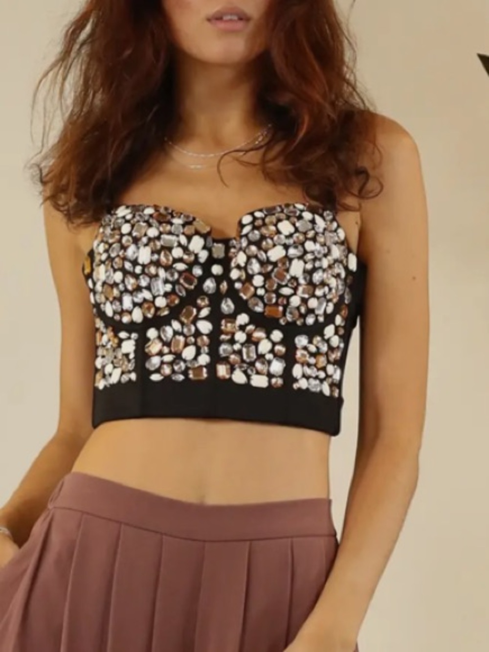 NWT Mulla Rhinestone Jeweled Bustier Crop Top Black Crystal Corset Party